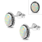 Oval Synthetic Sun & Ice Opal Silver Stud Earrings, e336